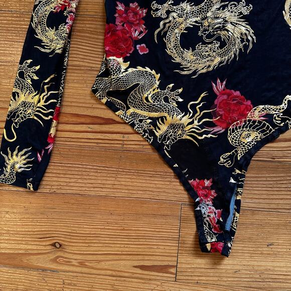 Sheer black gold red Asian long sleeve bodysuit SIZE L - Picture 3 of 4